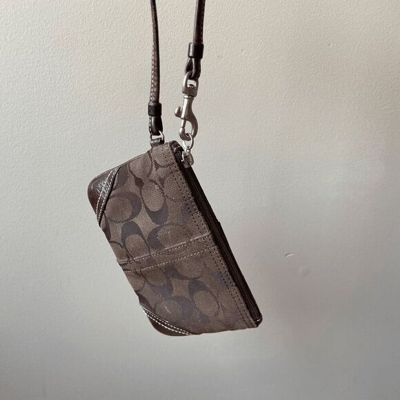 COACH Brown Signature Top Handle Leather Canvas Small Wristlet Purse Bag Pre-Own - Picture 2 of 10